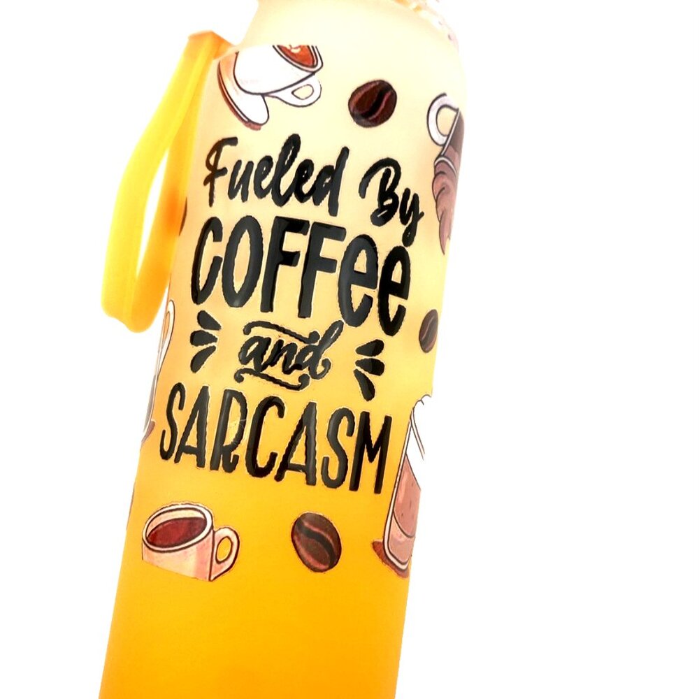 Glass Water Bottle Container Fitness Fueled by Coffee and Sarcasm Lid Gym Women